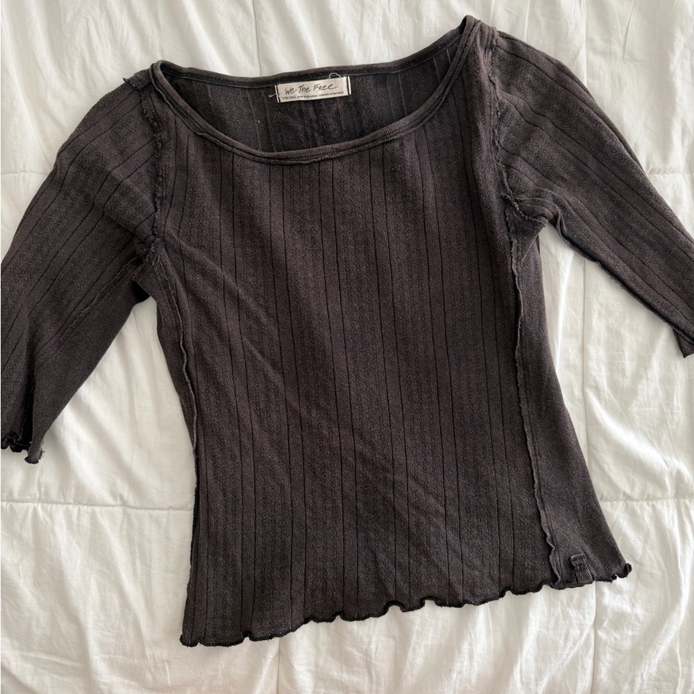 We The Free Black Ribbed Scoop-Neck Long Sleeve Top